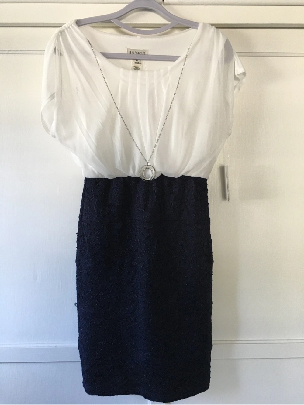 Enfocus Studio White and Navy Two-Tone Lace Sheath Dress